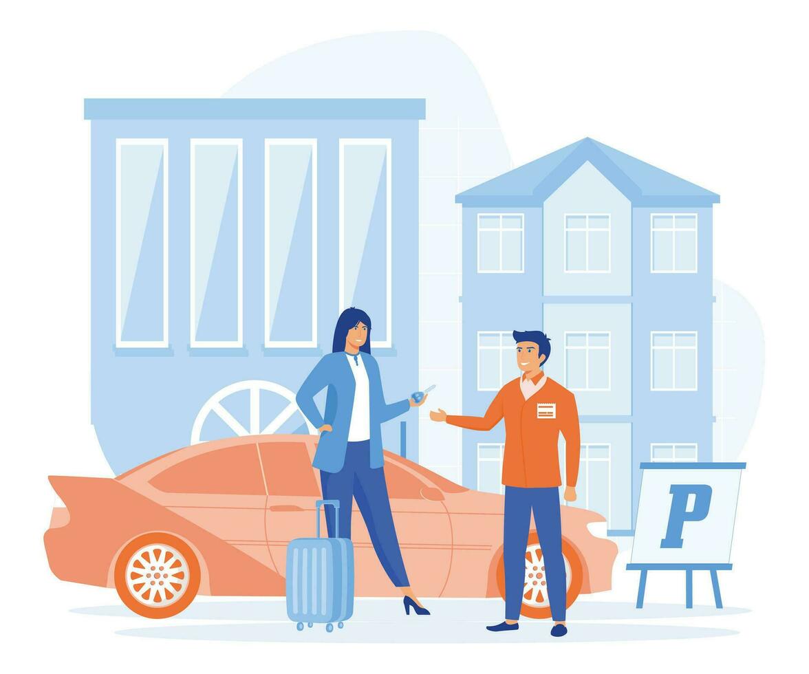 Hôtel un service concept. valet parking ouvrier obtient clés de clients auto. plat vecteur moderne illustration