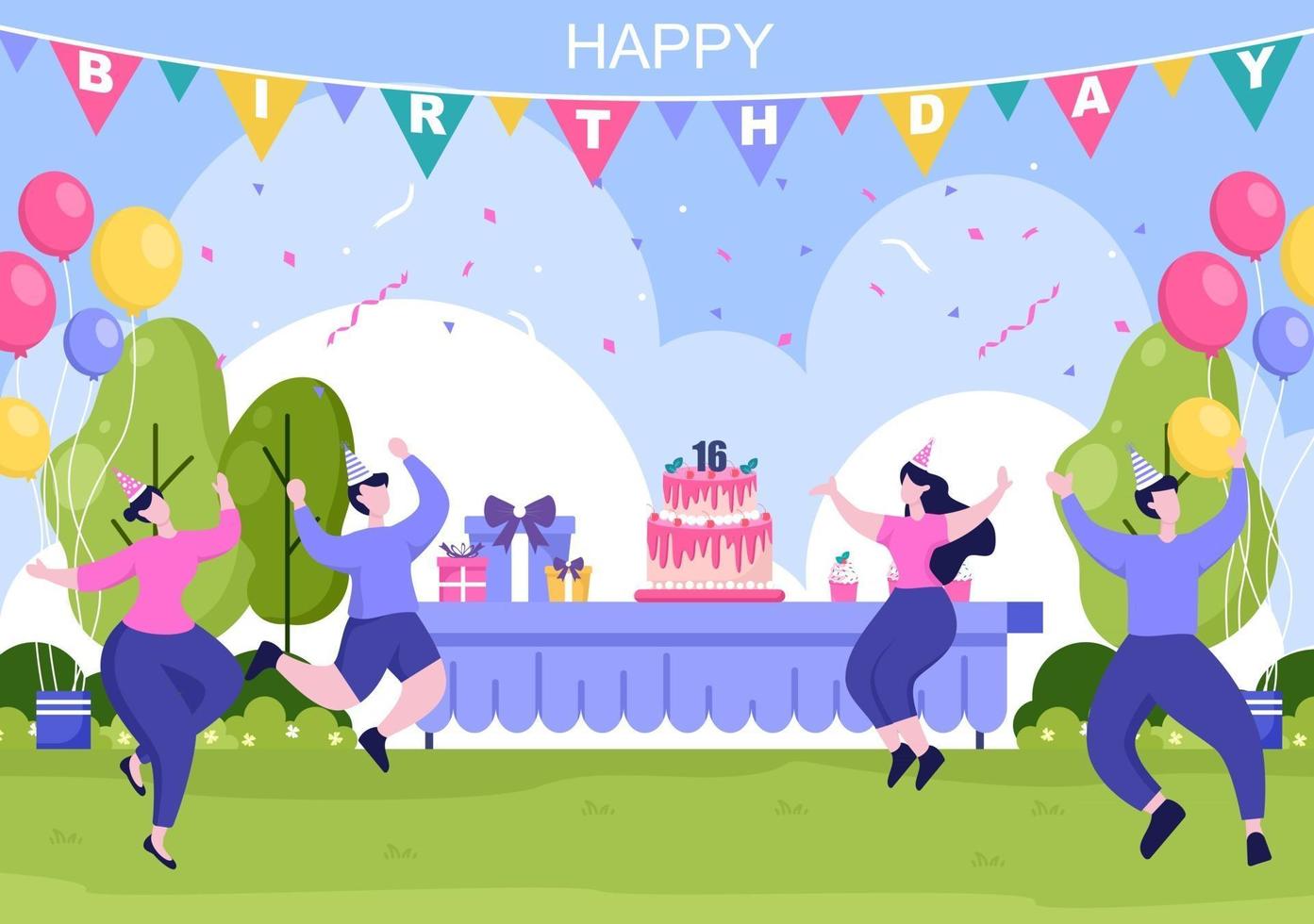 joyeux anniversaire célébrant l'illustration avec des ballons, des chapeaux, des confettis, des cadeaux et des gâteaux vecteur