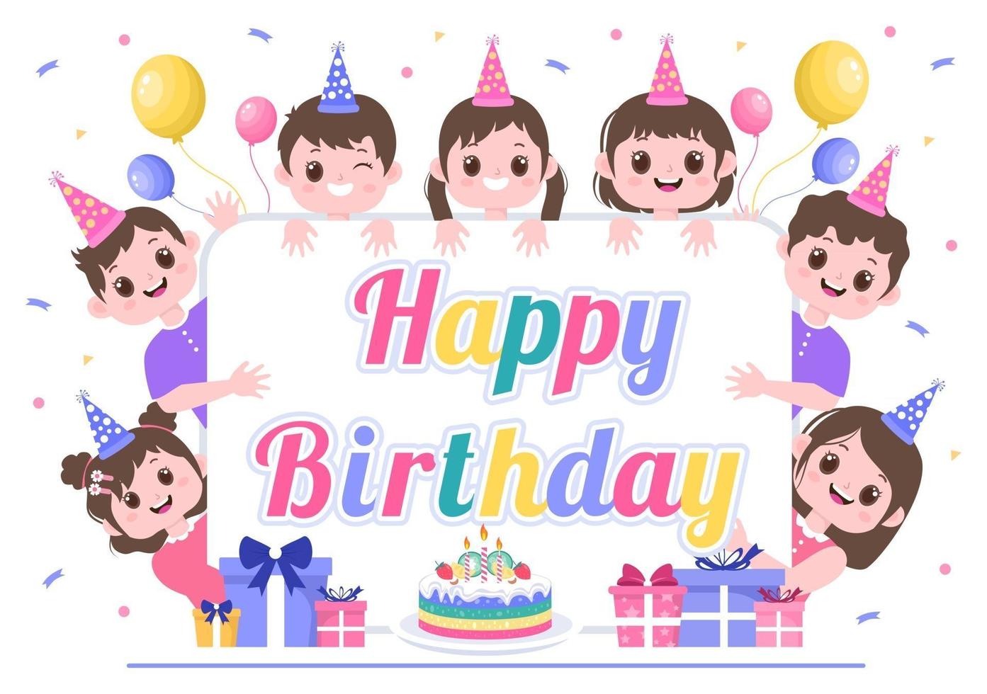 joyeux anniversaire célébrant l'illustration avec des ballons, des chapeaux, des confettis, des cadeaux et des gâteaux vecteur