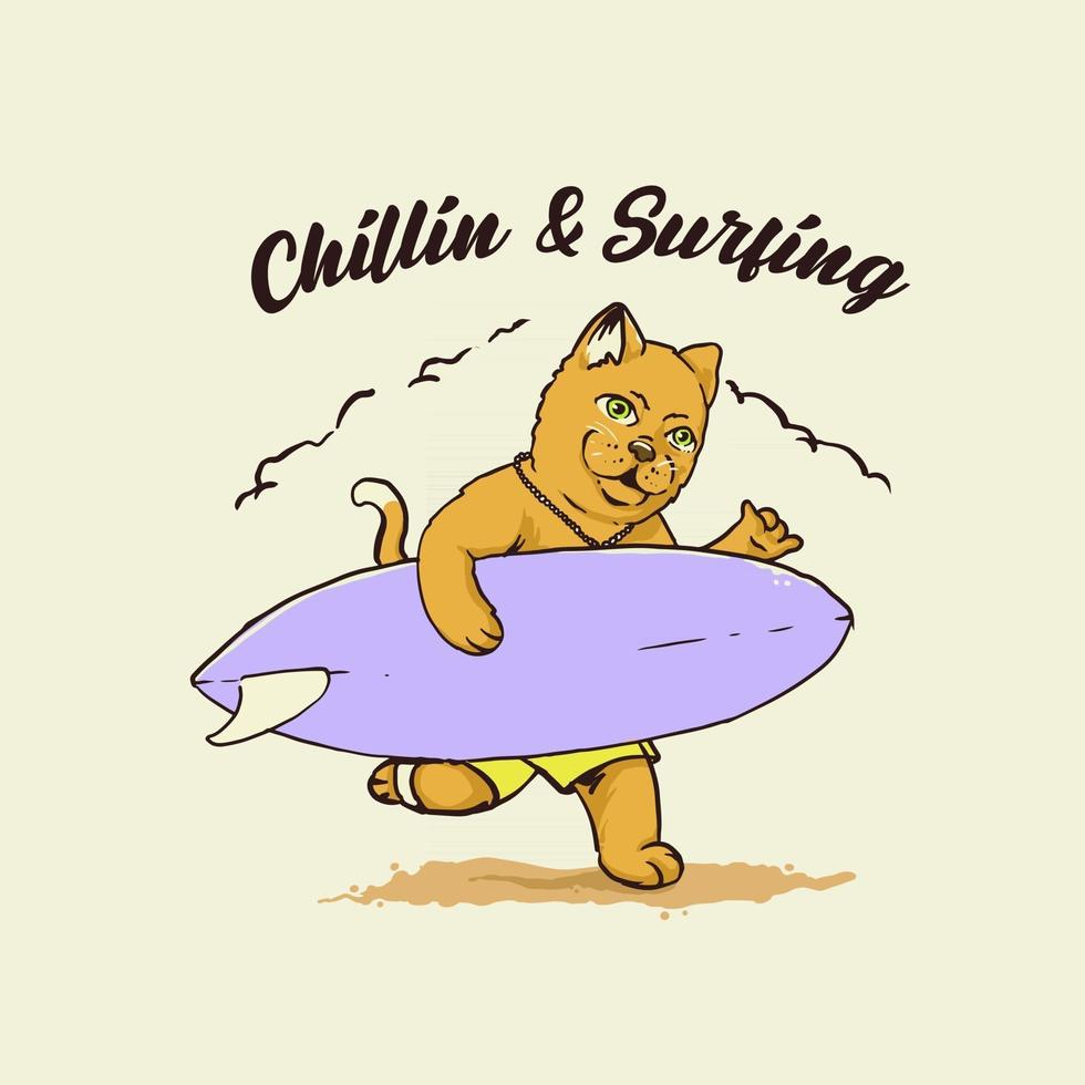 illustration d'été chat chillin et surf vecteur