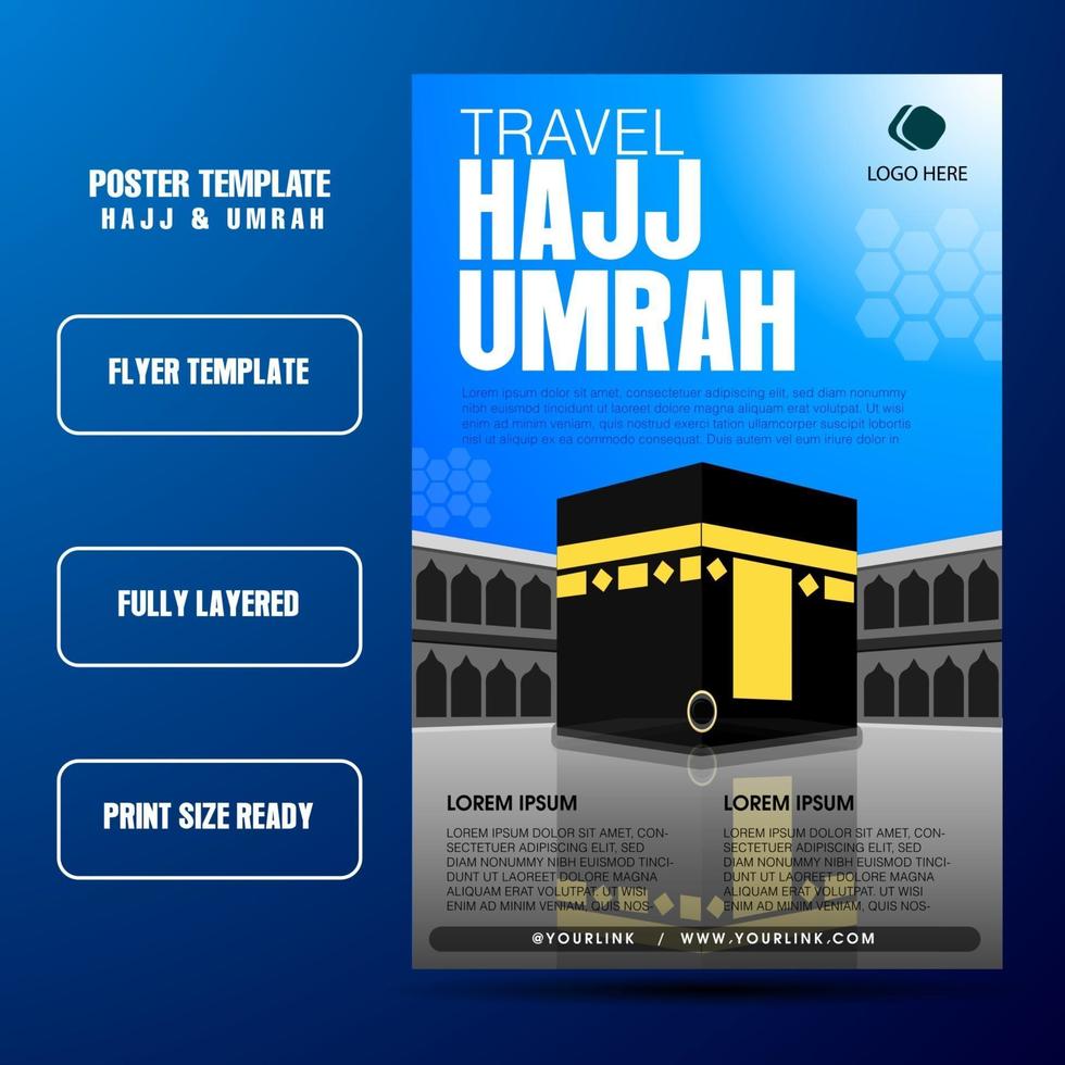 modèle de flyer hajj et umrah avec fond de ciel bleu et kaba realistis vecteur
