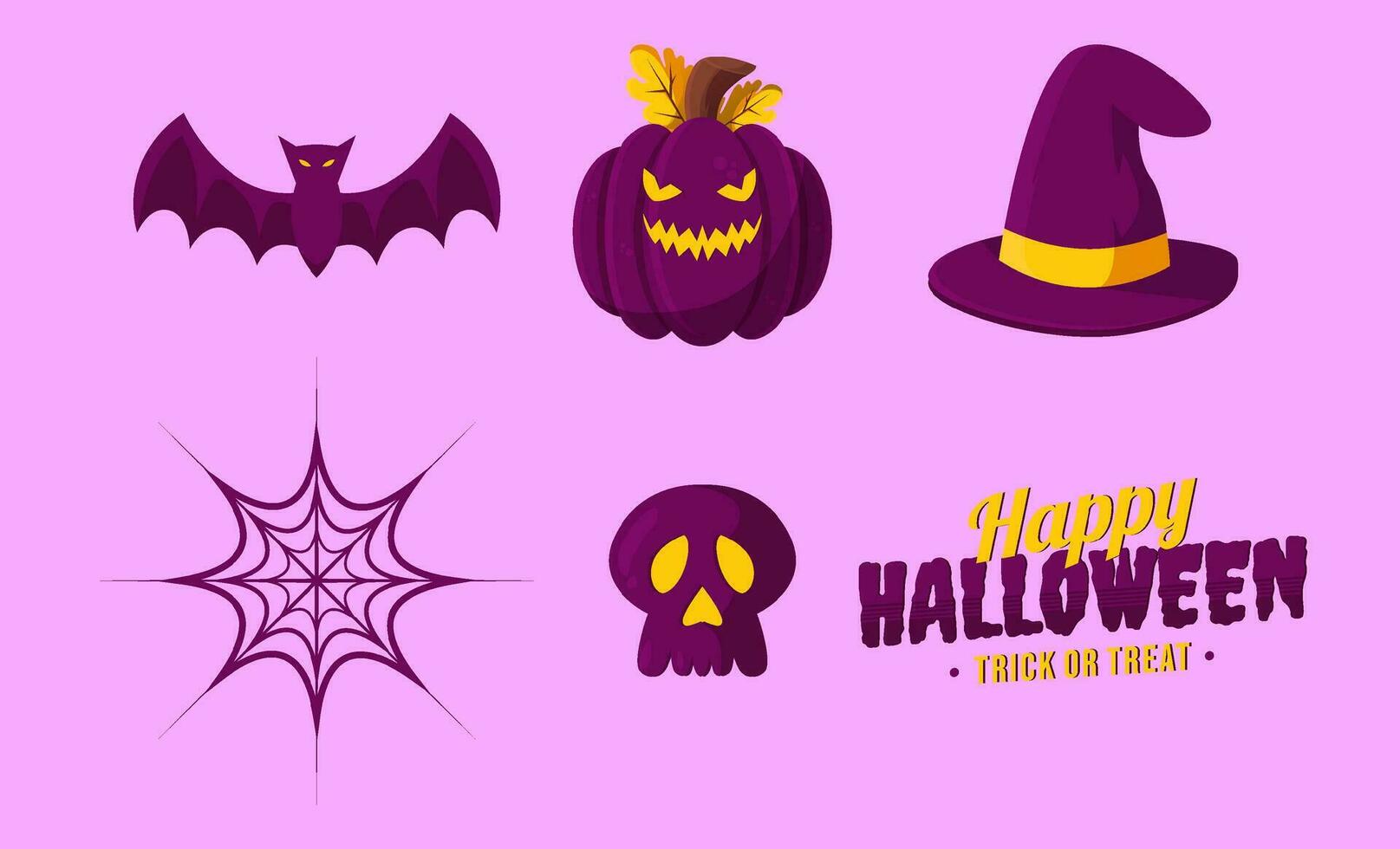 dessin animé Halloween thème vecteur illustration, citrouille, sorcière chapeau, chauve souris.
