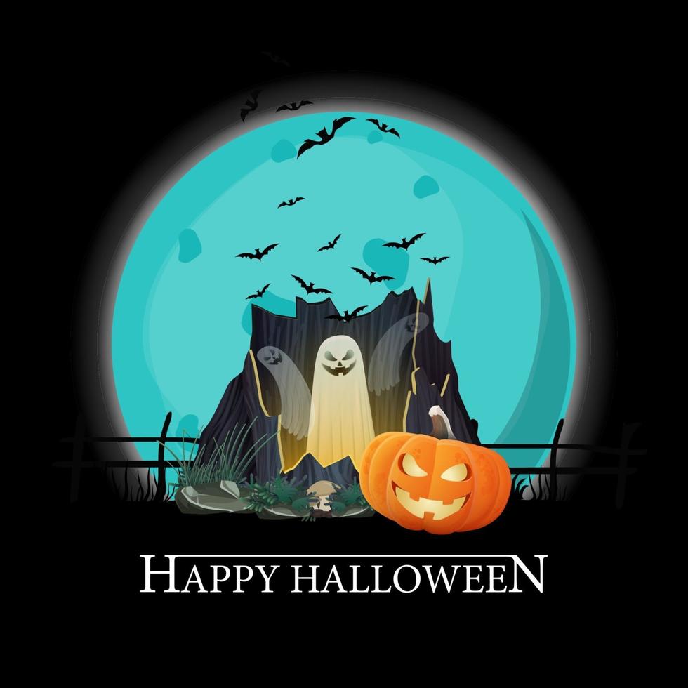 joyeux halloween, carte postale de voeux carré noir avec grande pleine lune, portail avec fantômes et citrouille jack vecteur