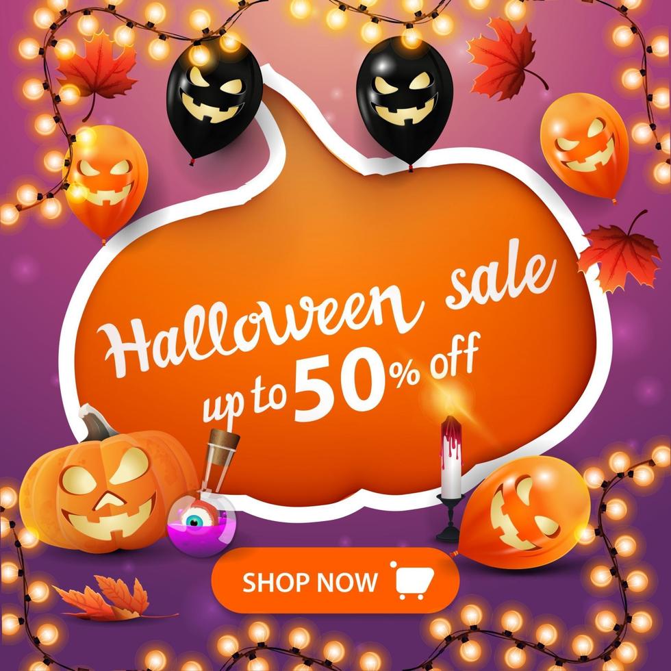 vente d'halloween, jusqu'à 50 % de réduction, bannière de remise créative avec grande citrouille coupée, ballons d'halloween, feuilles d'automne, citrouille et potion de sorcière vecteur