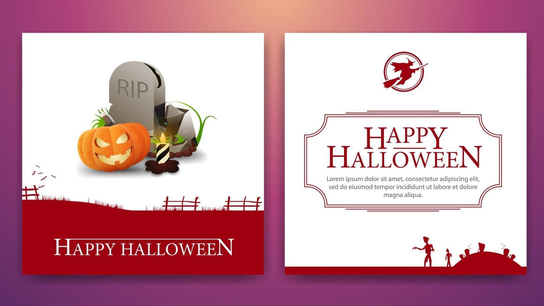 joyeux halloween, carte carrée recto-verso de voeux créative blanche prête à imprimer avec illustration pierre tombale et citrouille jack vecteur