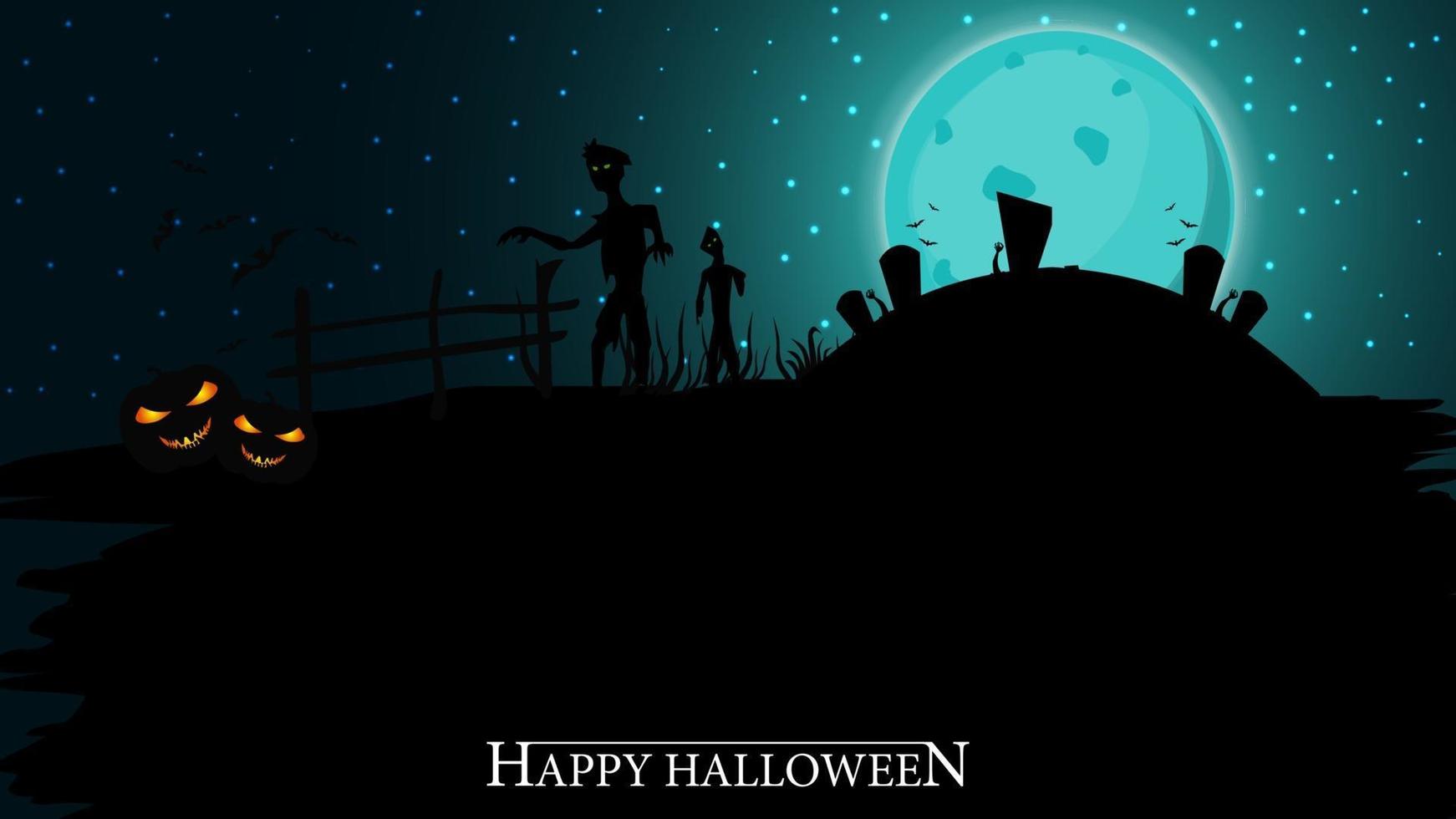 fond d'halloween, pleine lune bleue, ciel étoilé, cimetière et zombies. fond d'halloween pour vos arts vecteur