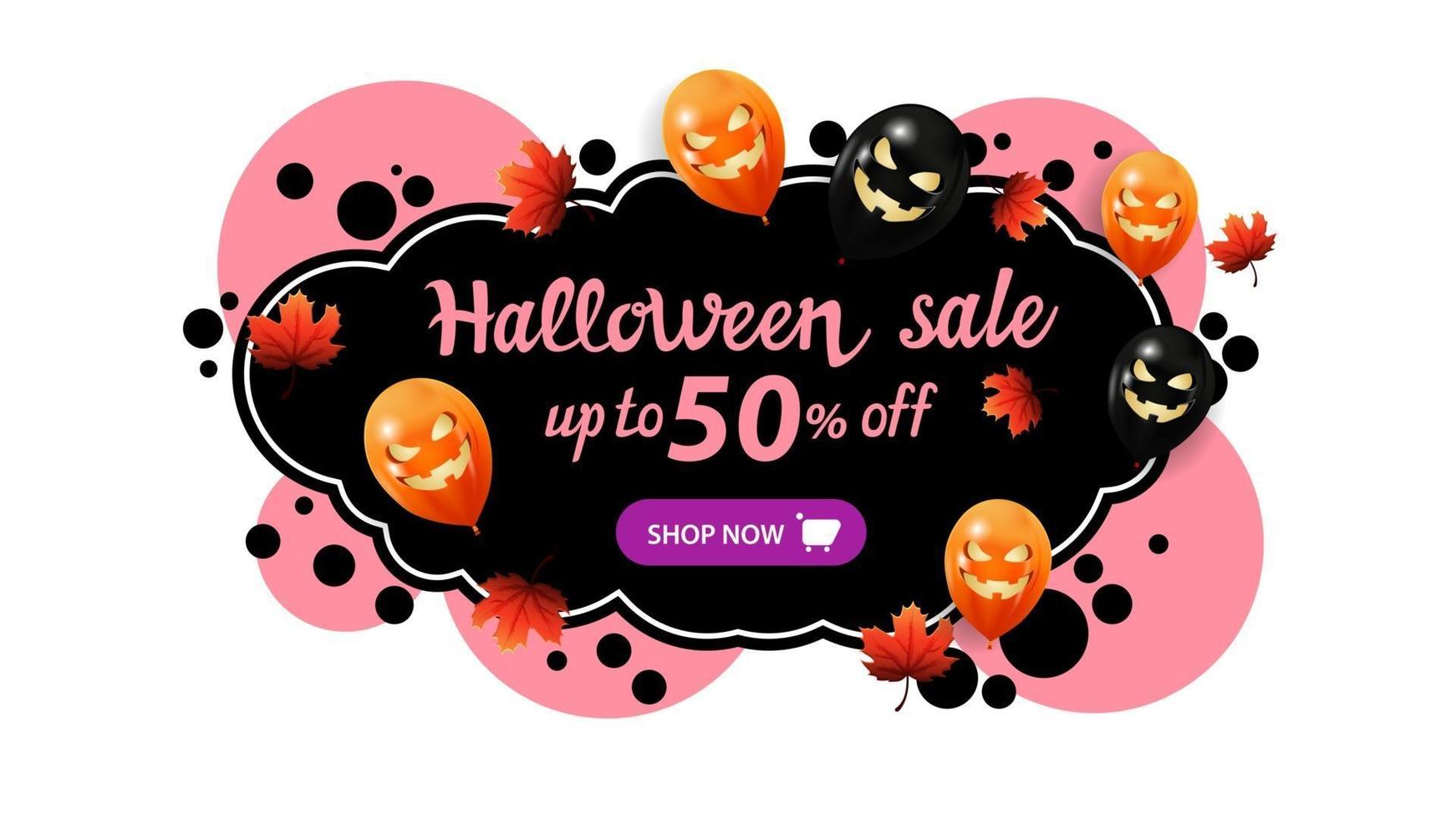 vente d'halloween, jusqu'à 50 de réduction, bannière créative avec style graffiti. modèle avec des bulles, des feuilles d'automne et des ballons d'halloween. vecteur