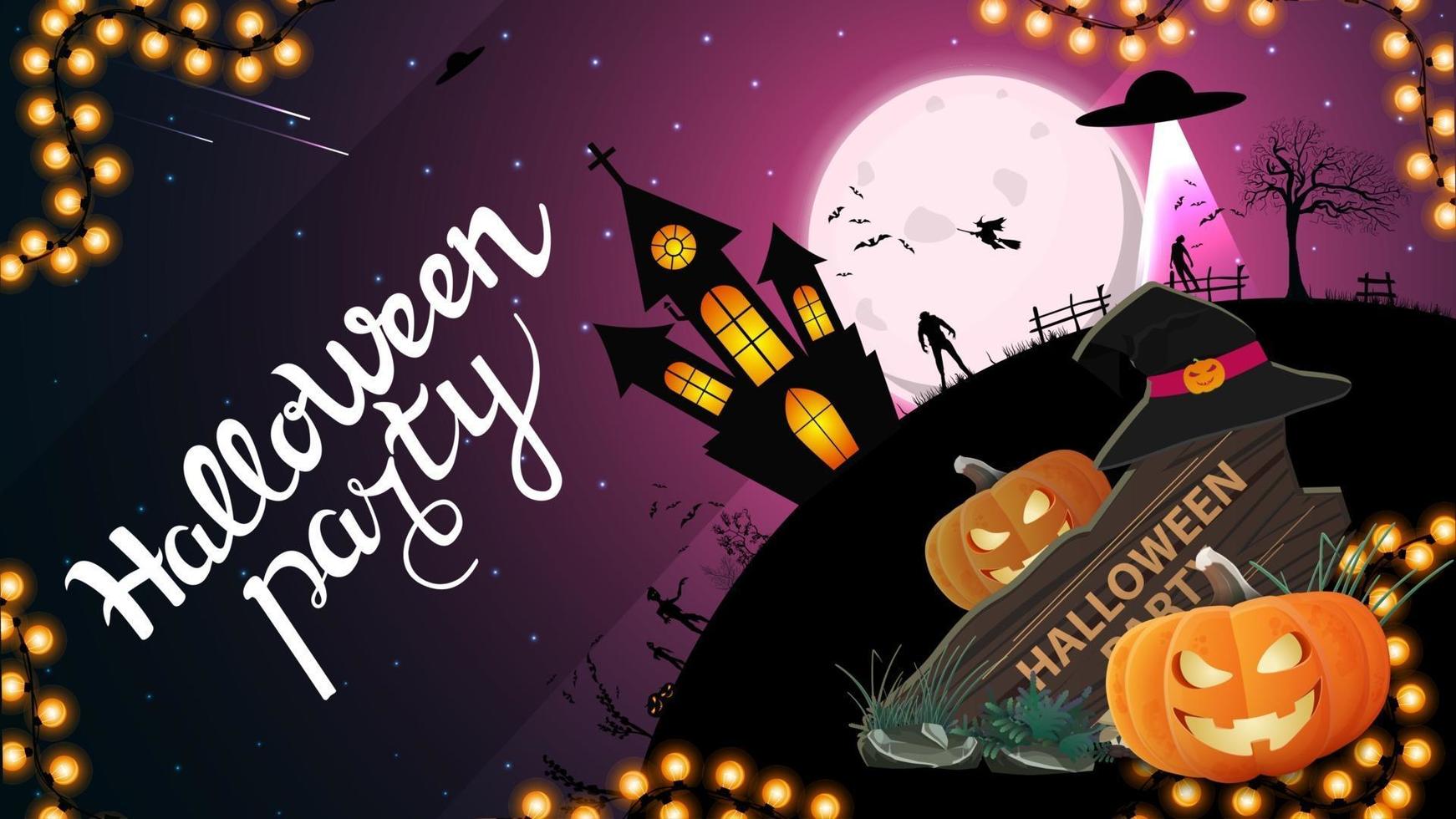 fête d'halloween, affiche d'invitation créative avec panneau en bois, chapeau de sorcière et citrouille jack. pleine lune avec ciel étoilé et silhouette de la planète la nuit d'halloween vecteur
