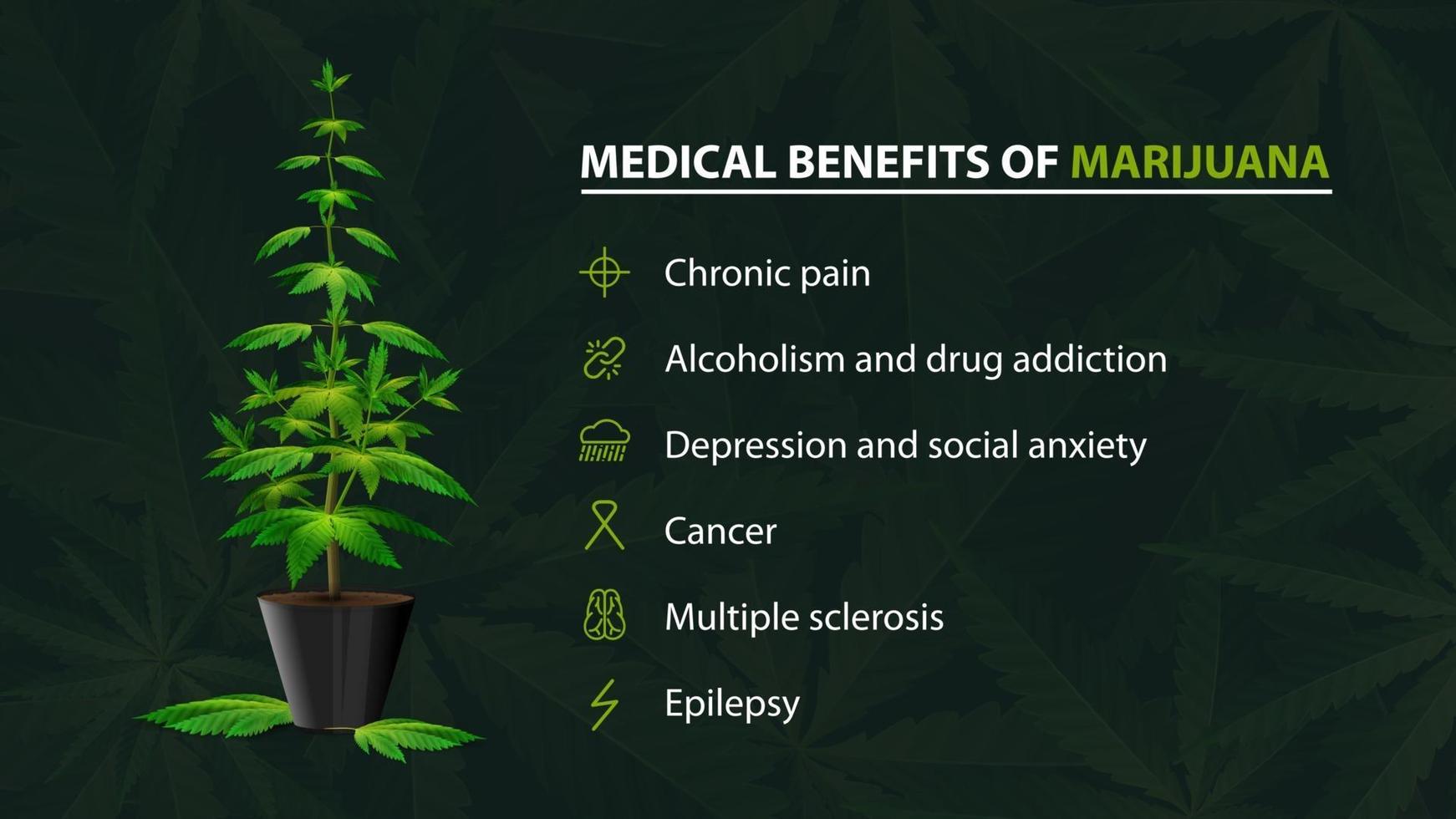 avantages utilisations de la marijuana médicale, affiche verte pour site Web avec buisson de cannabis dans un pot et infographie des avantages vecteur