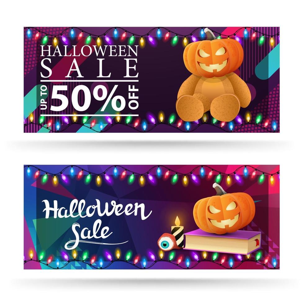 deux coupons d'halloween horizontaux avec ours en peluche avec tête de citrouille jack, livre de sorts et jack citrouille vecteur