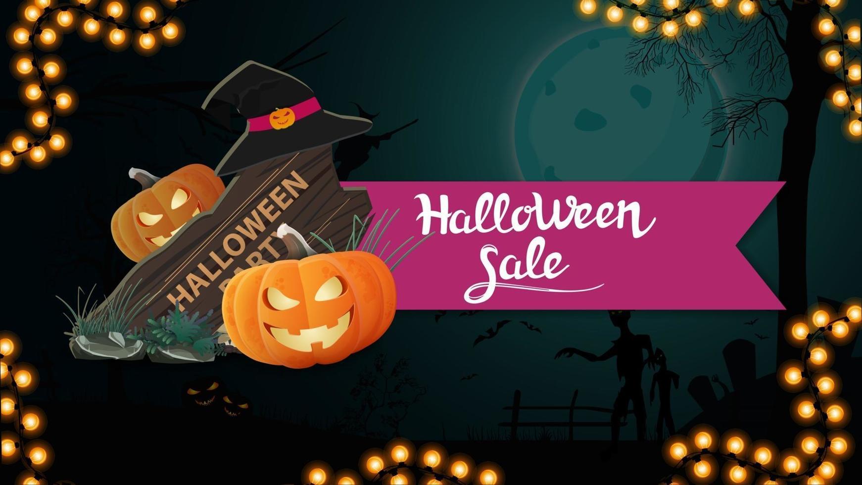 vente d'halloween, bannière avec ruban, paysage d'halloween en arrière-plan, panneau en bois, chapeau de sorcière et citrouille jack vecteur