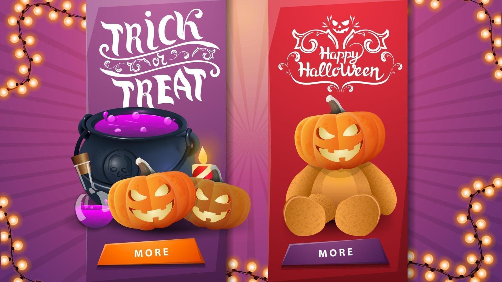 deux modèles de voeux d'halloween pour votre créativité dans les rubans verticaux foma avec chaudron de sorcière, citrouille jack et ours en peluche avec tête de citrouille jack vecteur