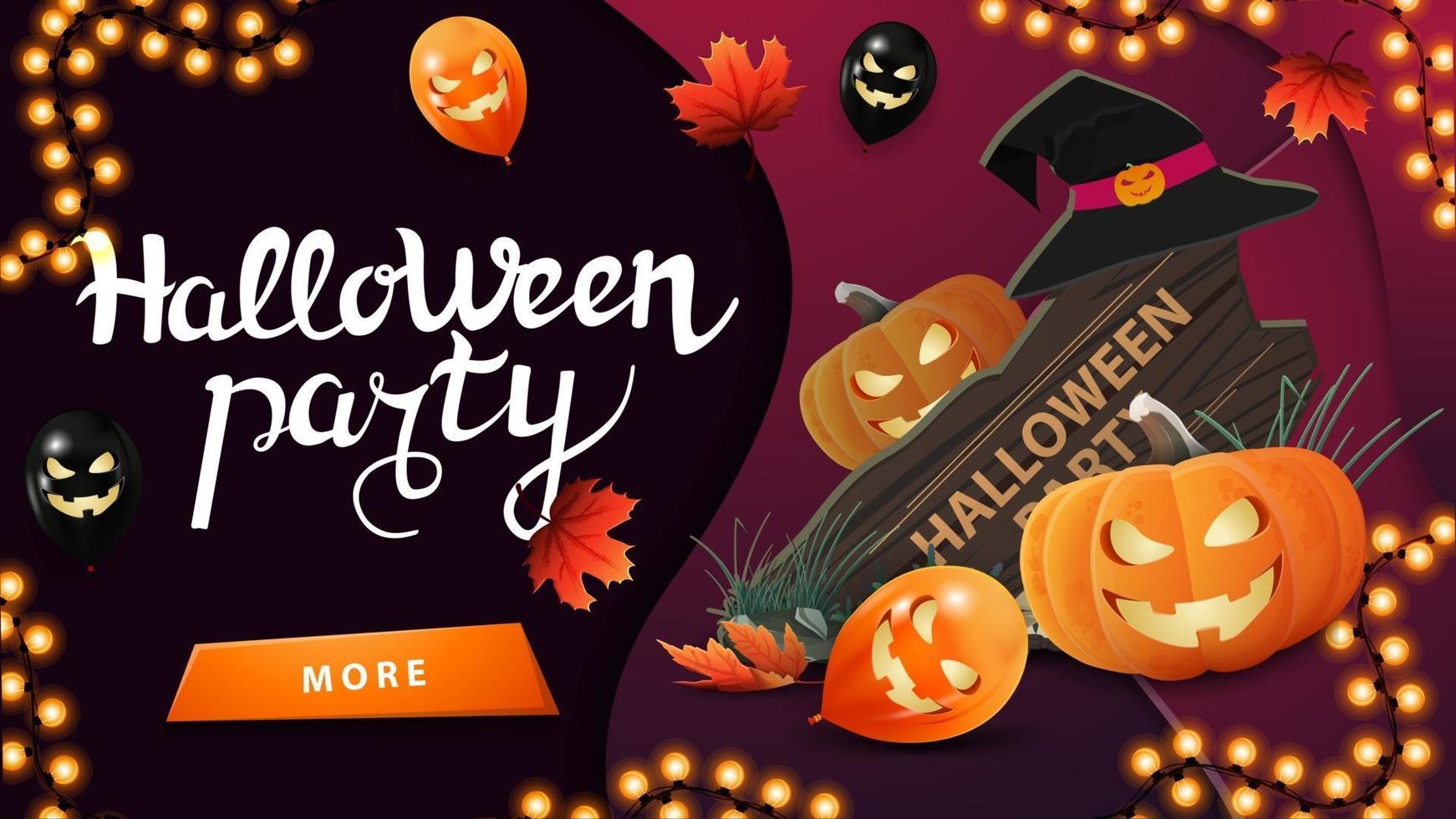fête d'halloween, affiche d'invitation horizontale avec bouton, panneau en bois, chapeau de sorcière et citrouille jack vecteur