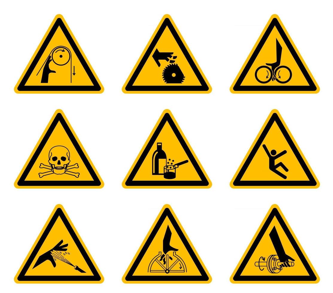 Étiquettes de symboles de danger d'avertissement triangulaires sur fond blanc vecteur