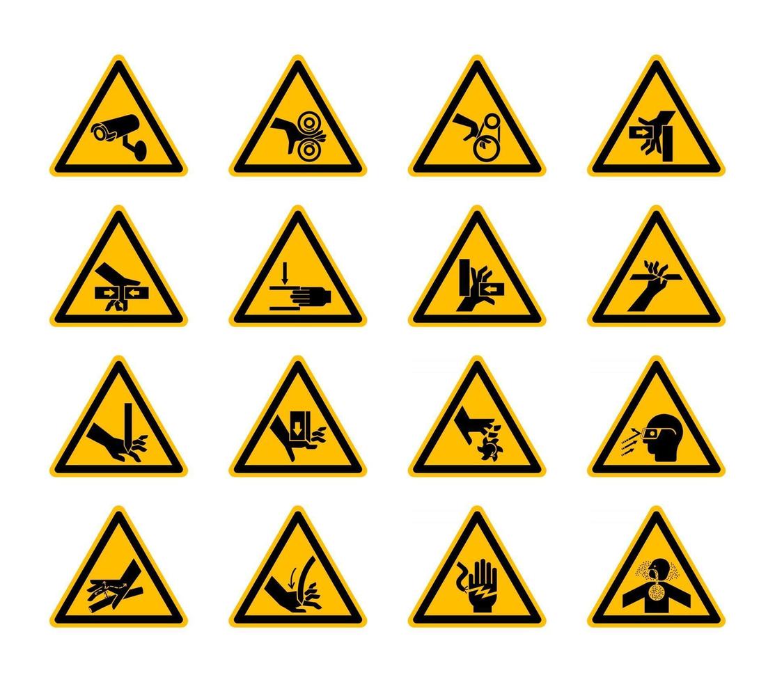 Étiquettes de symboles de danger d'avertissement triangulaires sur fond blanc vecteur