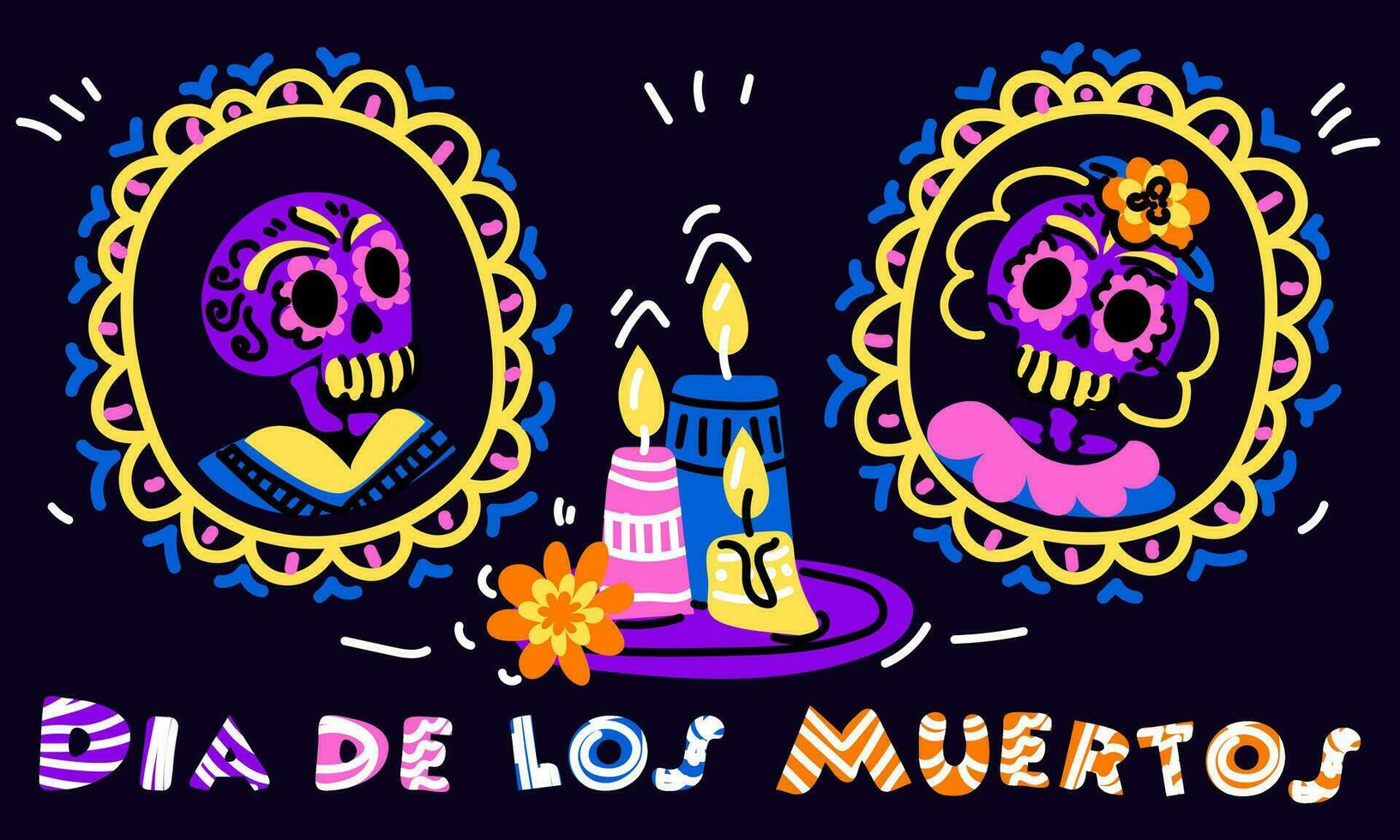 vecteur carte postale avec un illustration de le mexicain vacances journée de le mort. une carte postale avec traditionnel encadré famille des portraits, bougies, fleurs et le une inscription dia de muertos sur une bleu