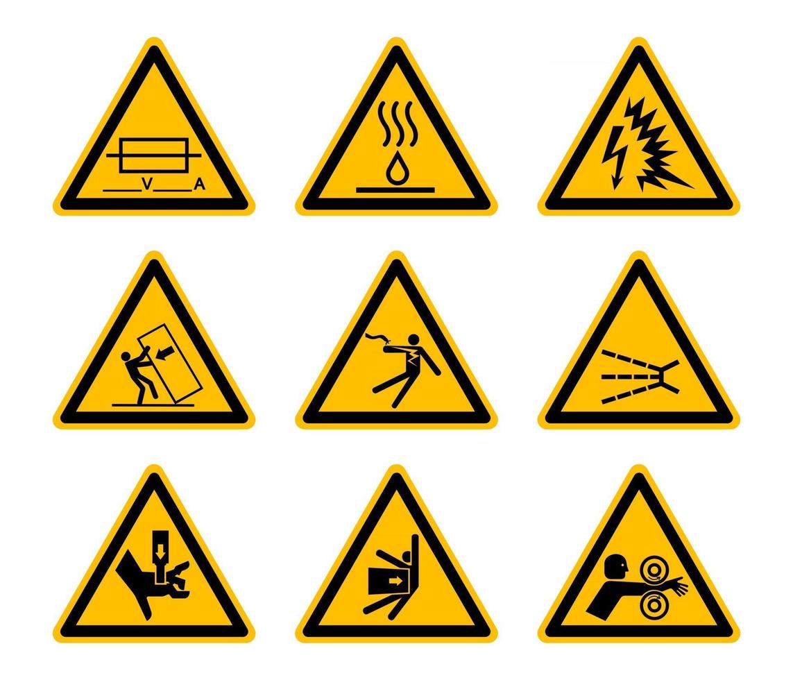 Étiquettes de symboles de danger d'avertissement triangulaires sur fond blanc vecteur