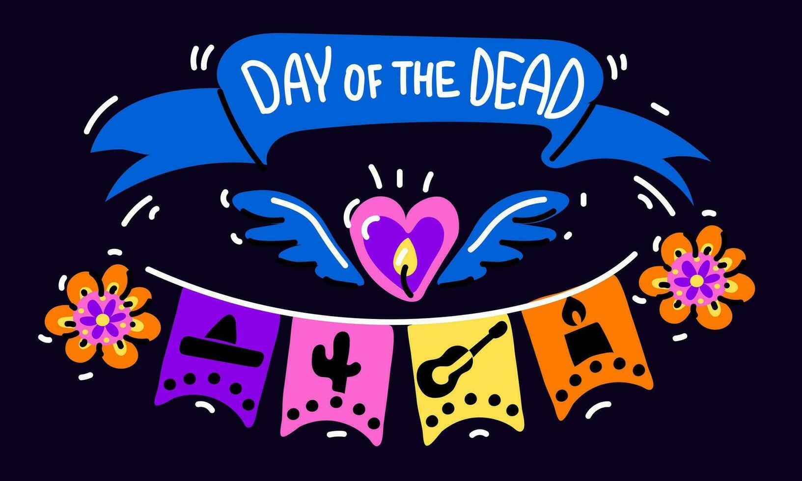 vecteur carte postale avec un illustration de le mexicain vacances dia de morts. une carte postale avec traditionnel bougies, calendula fleurs, sculpté drapeaux et le une inscription journée de le mort sur bleu Contexte