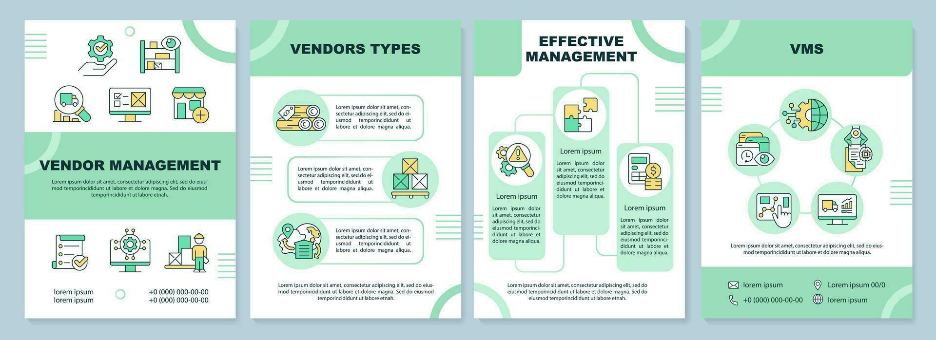 2d vendeur la gestion vert brochure modèle, brochure conception avec mince ligne Icônes, 4 vecteur mises en page.