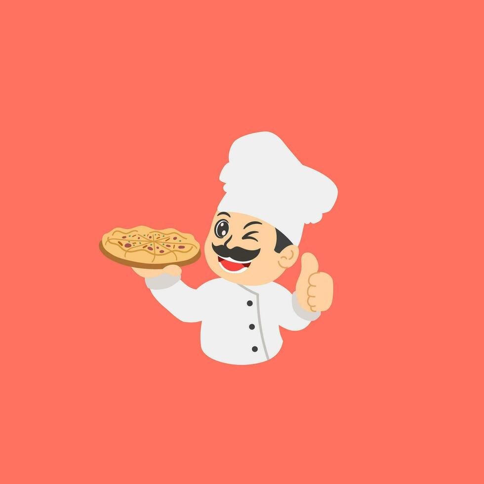 moustache chef en portant Pizza dessin animé vecteur