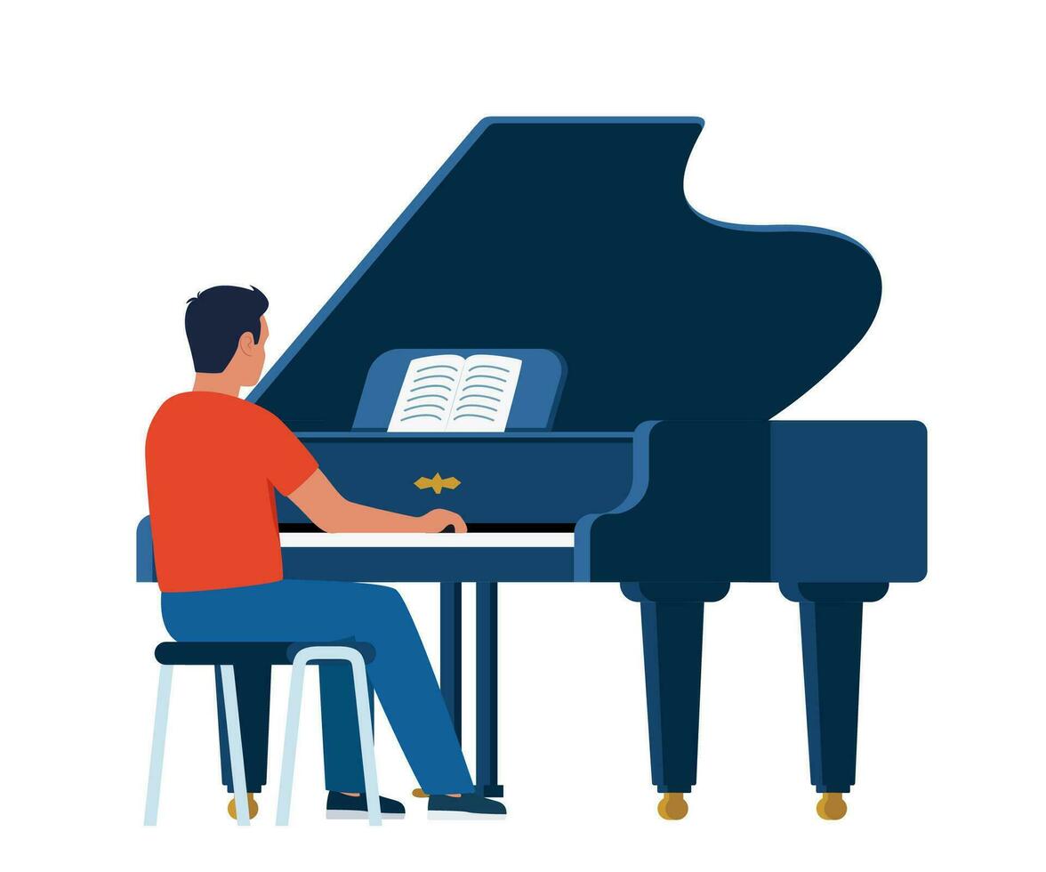 homme pianiste en jouant musical composition sur grandiose piano pour symphonique orchestre ou opéra performance sur organiser. talentueux artiste performant sur scène. vecteur illustration.