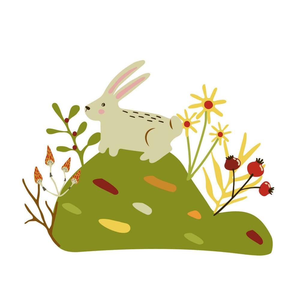 lièvre sur le l'automne bord. lapin sur une printemps monticule. clairière avec fleurs, baies, champignons, branches vecteur