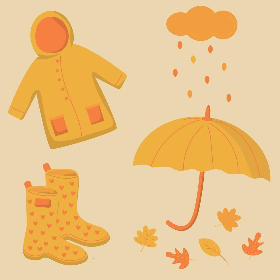 l'automne ensemble, imperméable, caoutchouc bottes, parapluie, l'automne feuilles, vent ensemble, Bonjour l'automne vecteur