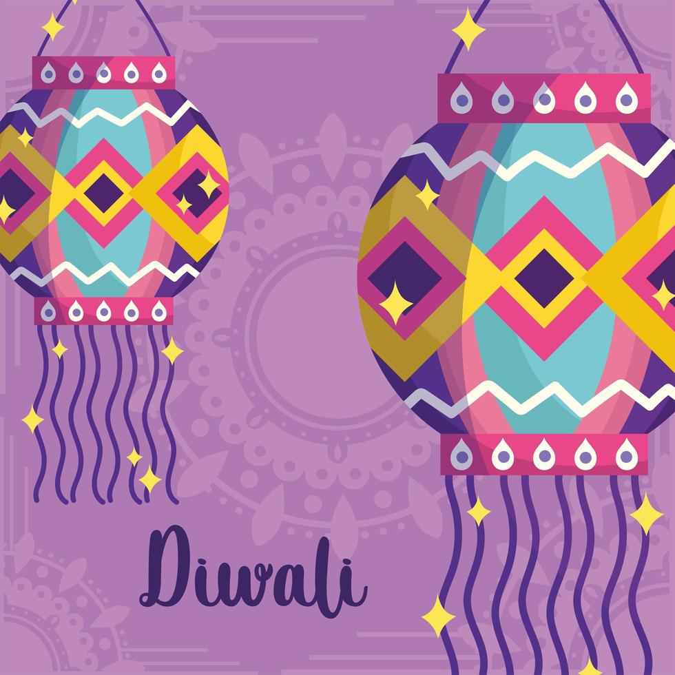 joyeux festival de diwali, fond de mandala avec carte de décoration de lanternes détaillée vecteur