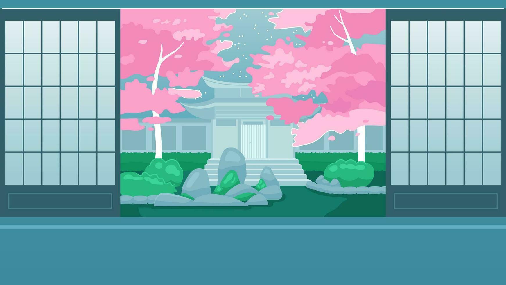 Japonais pièce intérieur mignonne kawaii lo Fi Contexte. Sakura jardin 2d vecteur dessin animé intérieur illustration, lofi esthétique fond d'écran bureau. Japonais anime paysage, rêveur ambiance