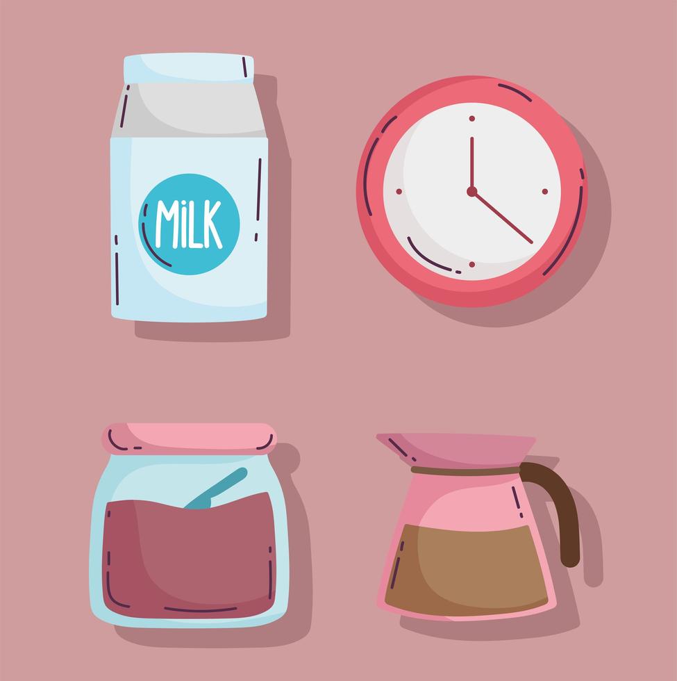 méthodes de préparation du café, boîte à lait bouilloire sucre et icônes d'horloge vecteur