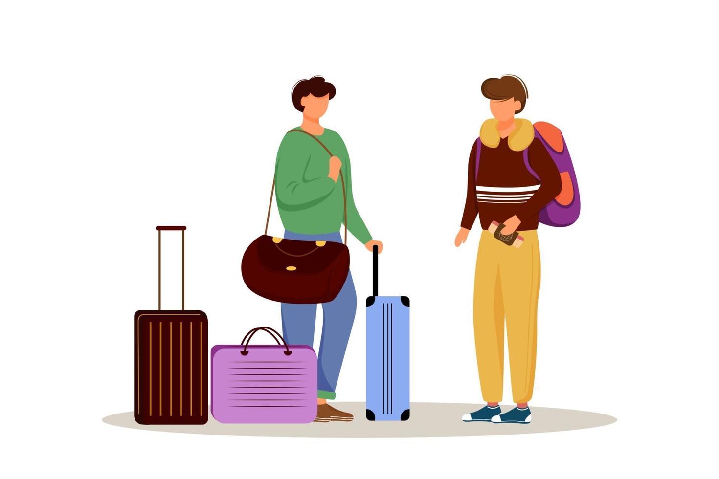 amis avec illustration vectorielle plane de bagages. se préparer pour un voyage. couple marié avec des valises. partir en vacances. personnage de dessin animé isolé préparation voyage sur fond blanc vecteur