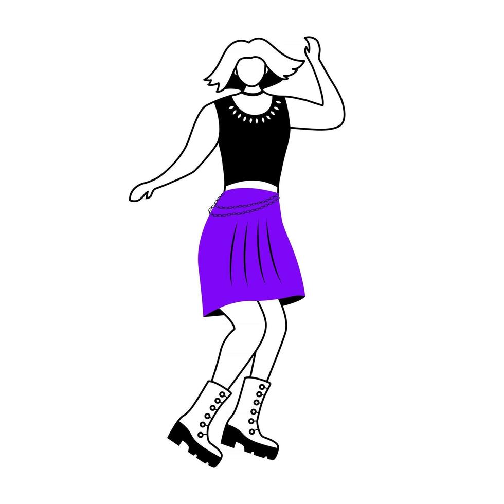 illustration vectorielle de danse punk girl contour plat. personnage féminin sur la piste de danse en boîte de nuit. femme au concert de rock. fangirl au concert. personnage de contour de dessin animé isolé sur blanc. dessin simple vecteur