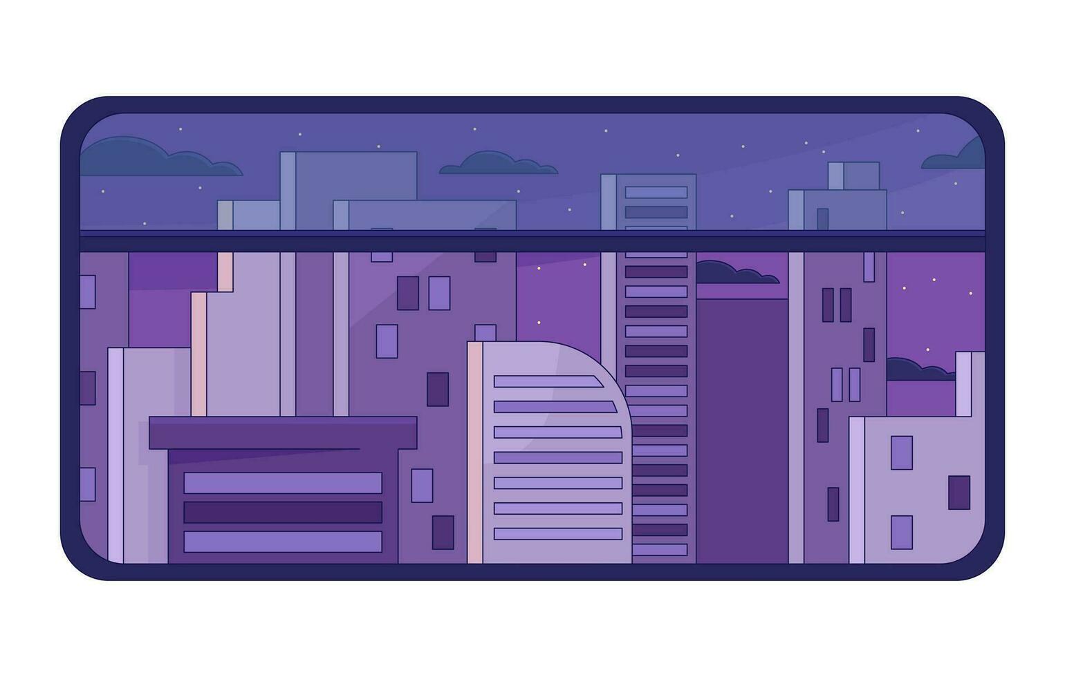 nuit ville refroidissement lo Fi Contexte. métro fenêtre vue 2d vecteur dessin animé paysage urbain illustration, violet lofi fond d'écran bureau. le coucher du soleil esthétique Années 90 rétro art, rêveur ambiance