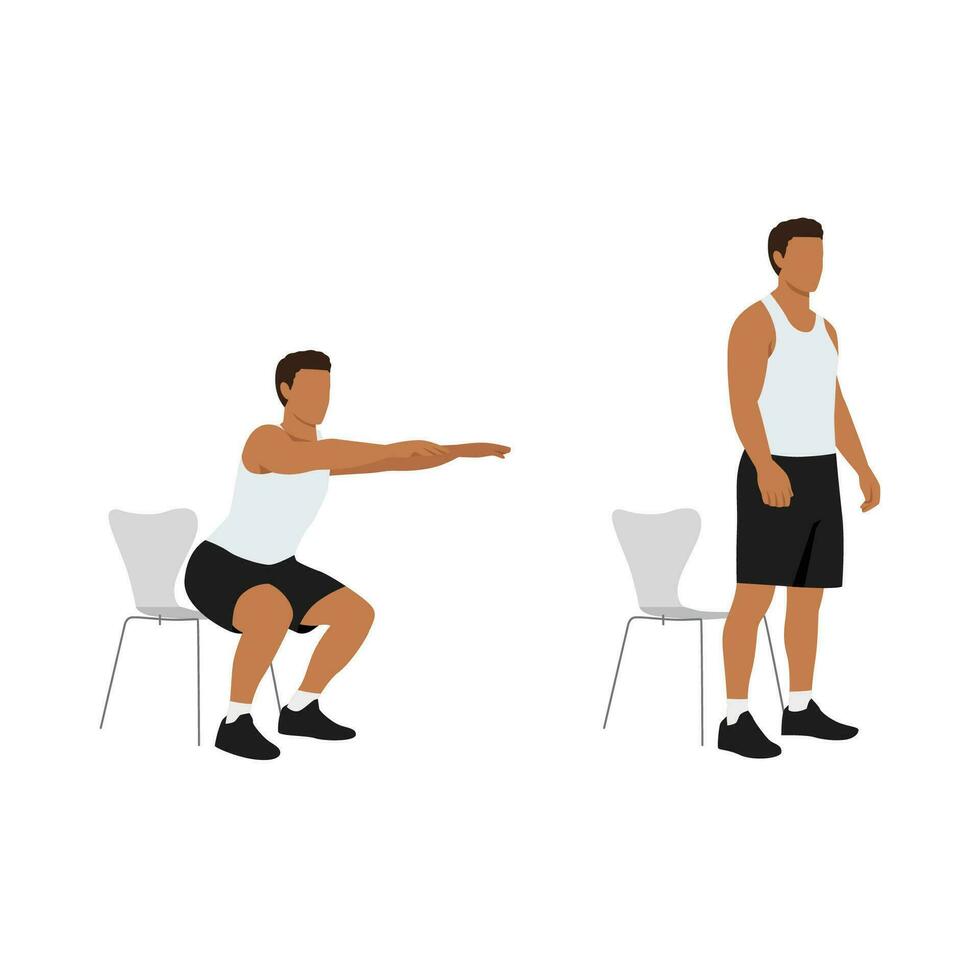 personnage d'homme faisant de l'exercice de squat de chaise. illustration vectorielle plane isolée sur différentes couches vecteur