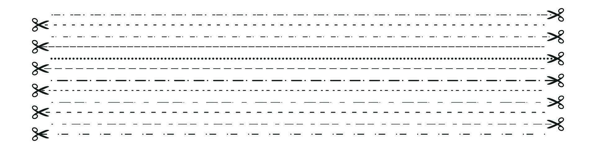 Couper ligne icône avec ciseaux, Couper ici instruction, coupon tiret symbole avec point. carré signe dans noir pour papier, agrafe silhouette, tailleur culture, et déchirer. plat vecteur des illustrations isolé dans Contexte.