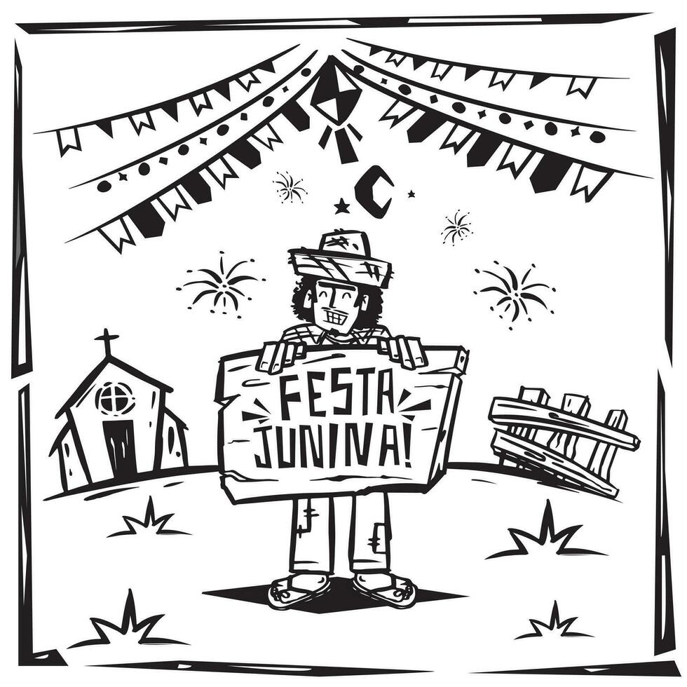 festa Junina brésilien Festival homme dans arraia en portant une en bois assiette cordon style main dessin vecteur