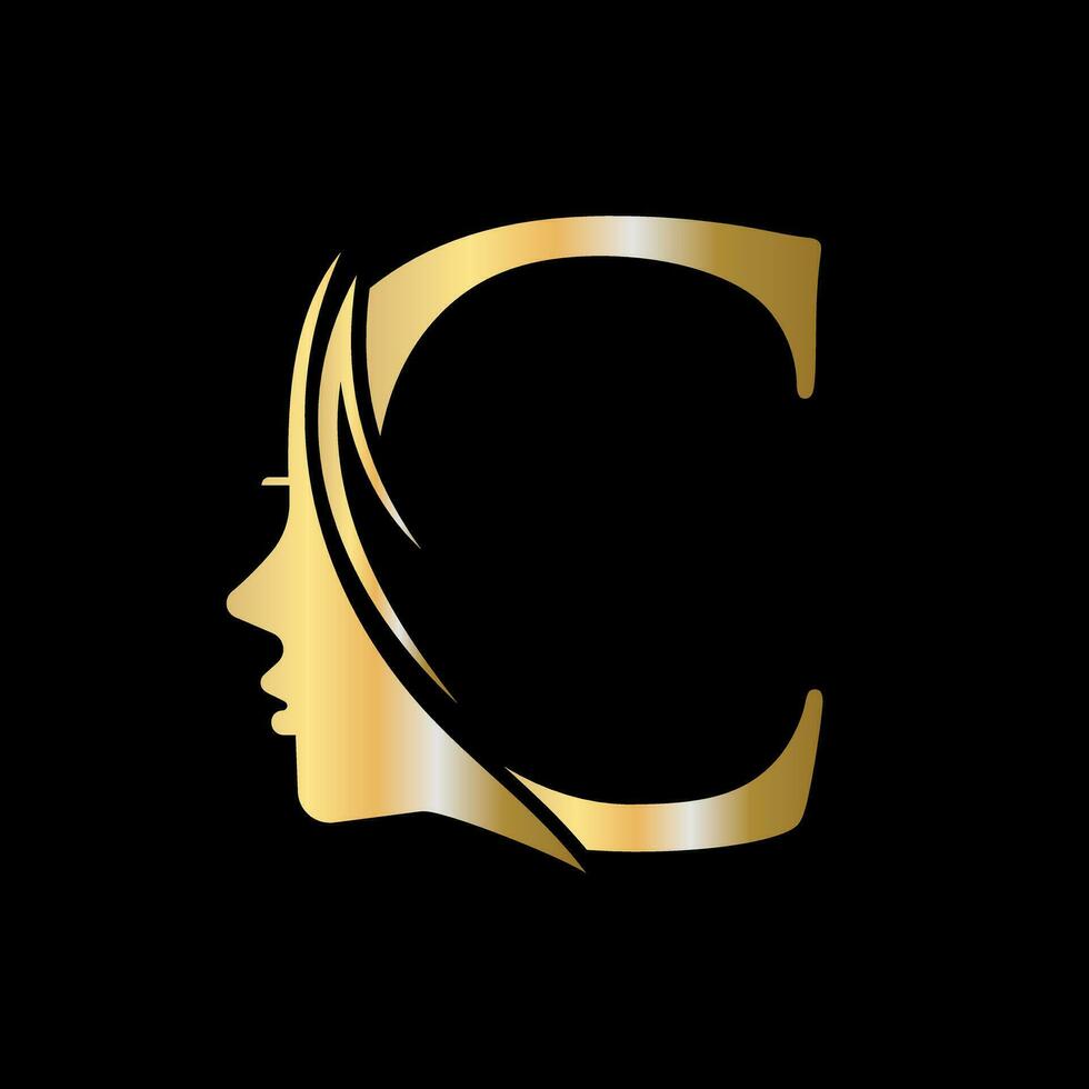 femme visage logo sur lettre c beauté spa symbole avec femme visage icône vecteur