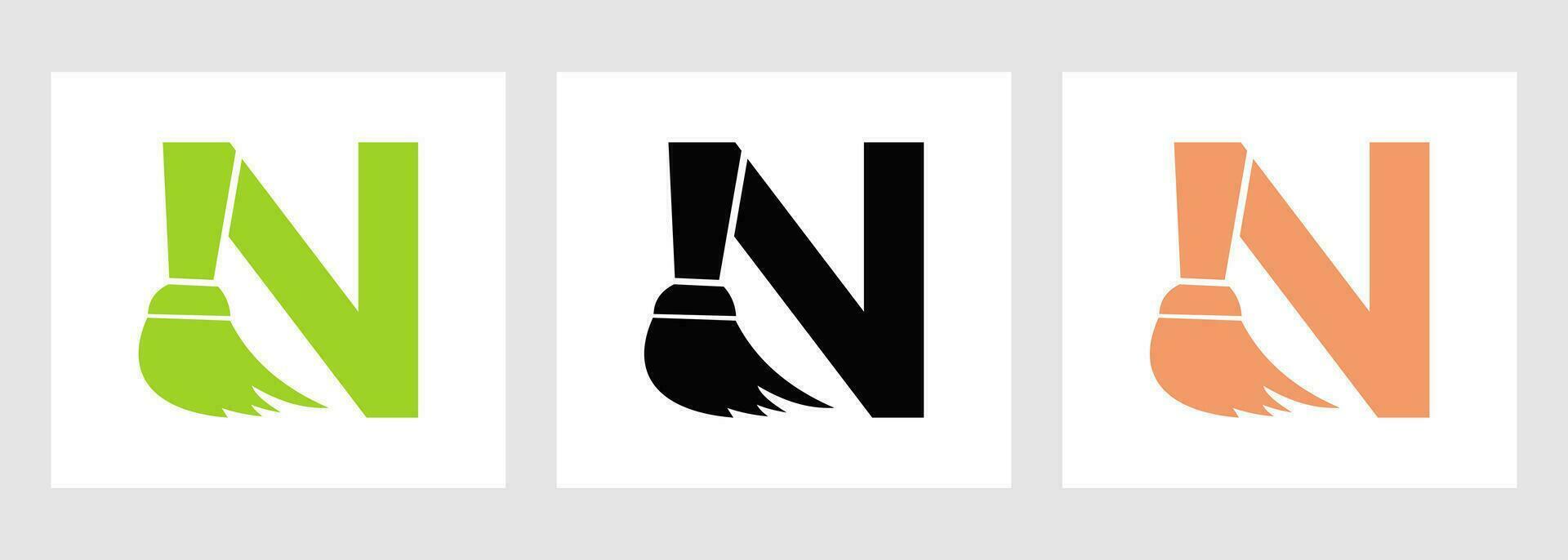 lettre n maison nettoyage logo concept avec nettoyer brosse icône. Femme de ménage un service symbole vecteur