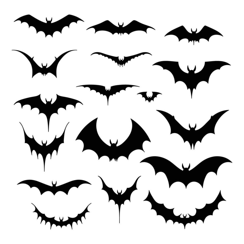 chauve souris silhouettes. isolé noir chauves-souris, vampire graphique symboles ensemble. terrible effrayant soigné décoratif pochoir pour Coupe, vecteur bouquet