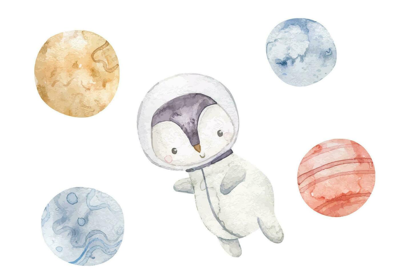 animal astronaute aventures dans espace. main tiré aquarelle espace illustration. rêveur aventureux amusement dessin animé pour les enfants cosmique exploration. aquarelle style illustration vecteur