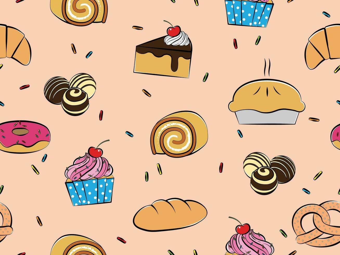 des pâtisseries et desserts sans couture modèle, dessiné à la main style, vecteur illustration