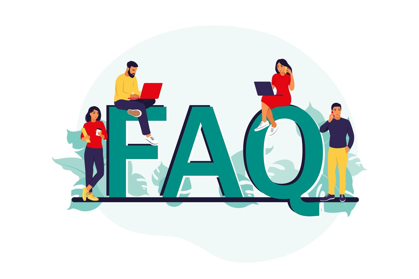 FAQ. concept de questions fréquemment posées. les gens posent des questions et reçoivent des réponses. centre de soutien. illustration vectorielle. plat. vecteur