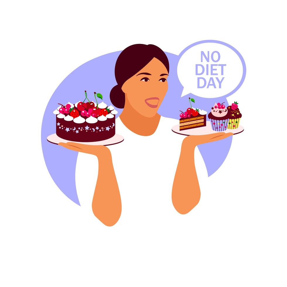 pas de jour de régime. une femme tient une assiette de cupcake dans ses mains. illustration de la journée internationale sans régime. vecteur. vecteur
