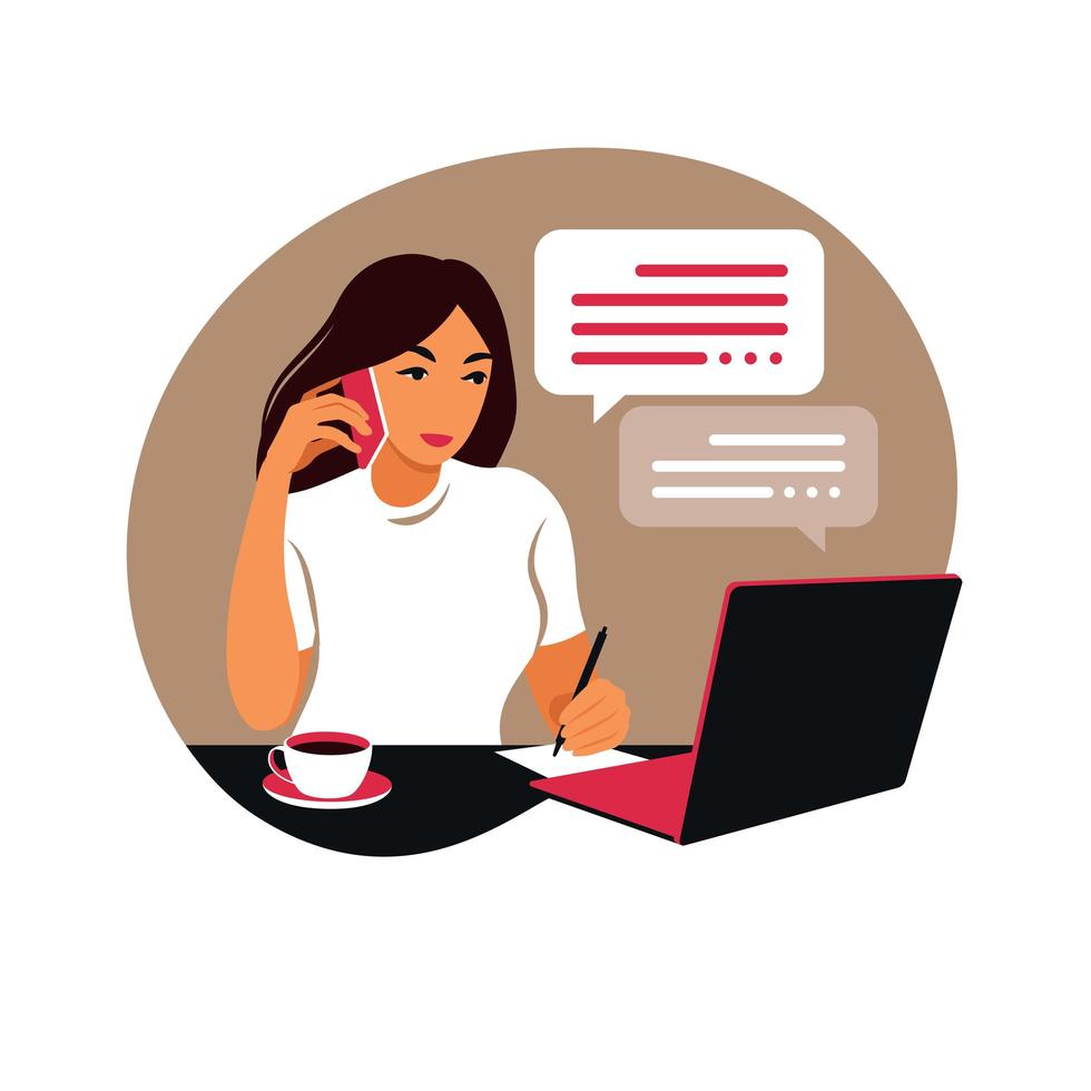 une femme travaille sur un ordinateur portable et parle au téléphone assise à une table à la maison avec une tasse de café et des papiers. illustration vectorielle. plat. vecteur