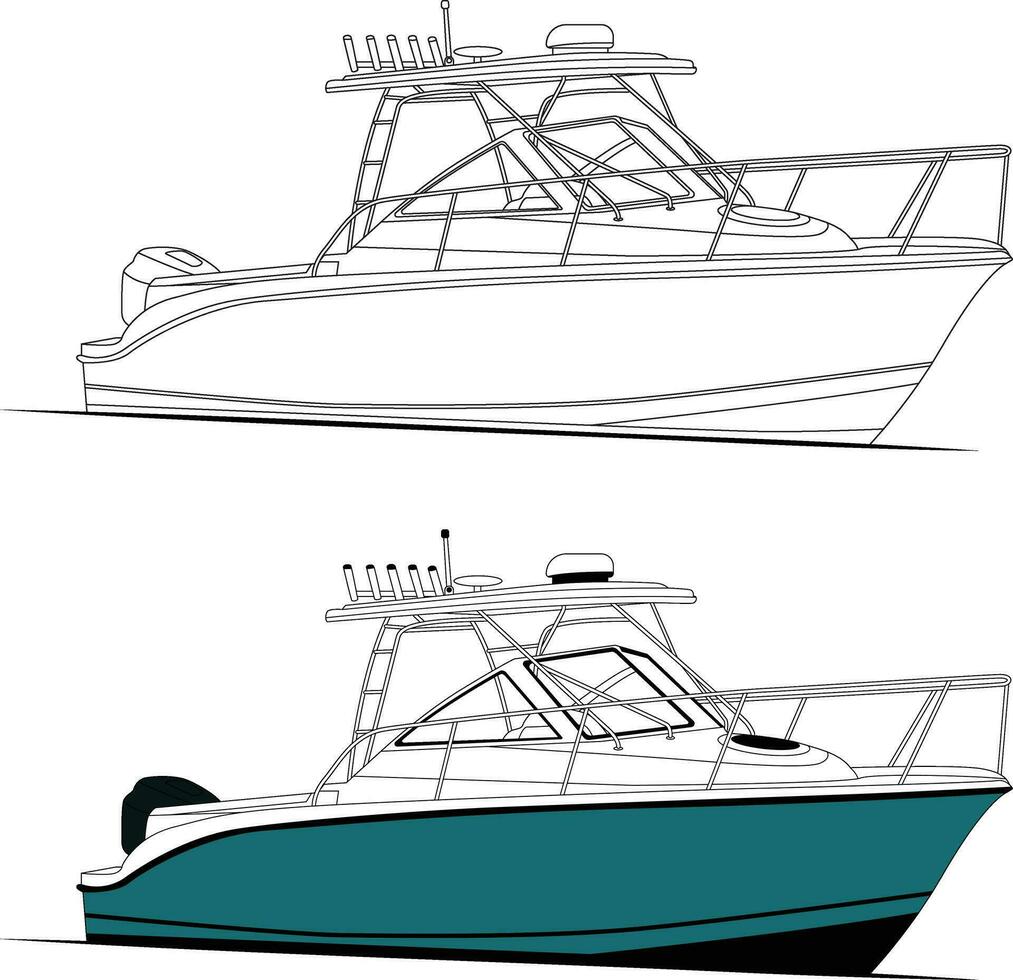 pêche bateau vecteur, bateau à moteur vecteur ligne art illustration et un Couleur