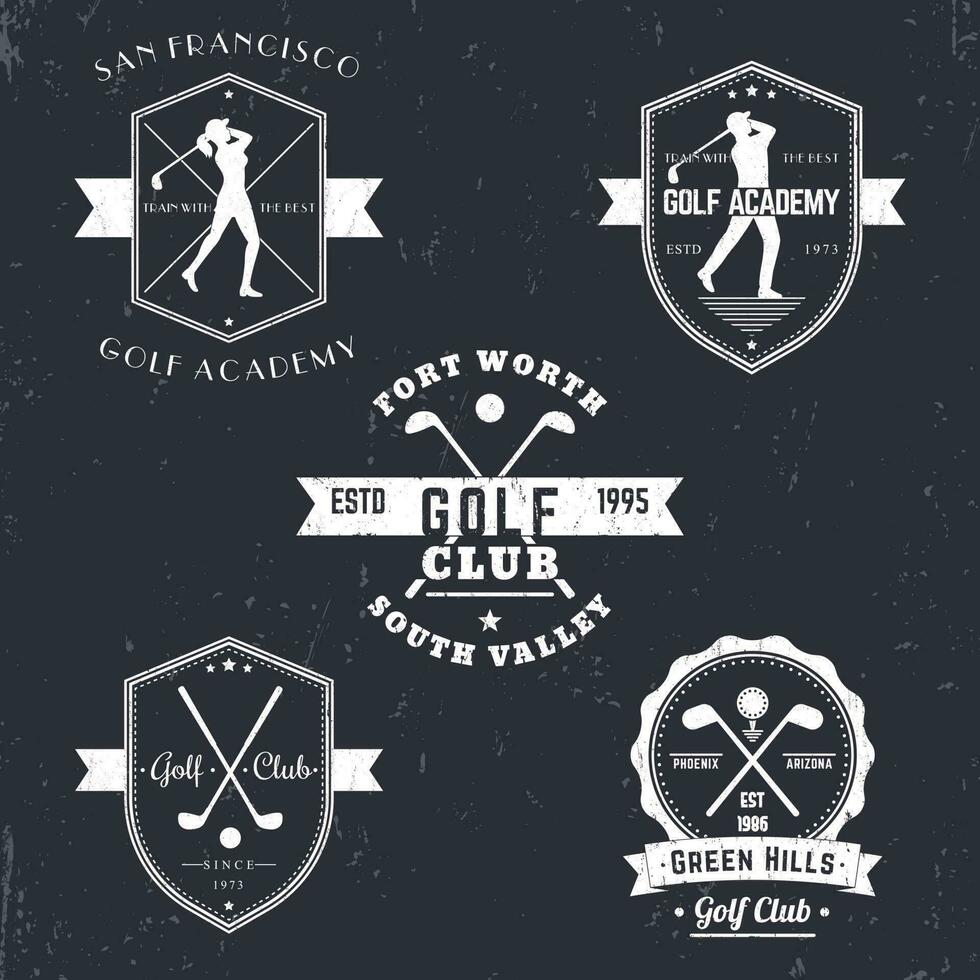 le golf club, le golf académie ancien emblèmes, logos, golfeur, franchi le golf clubs et balle, le golf logo, badge, vecteur illustration