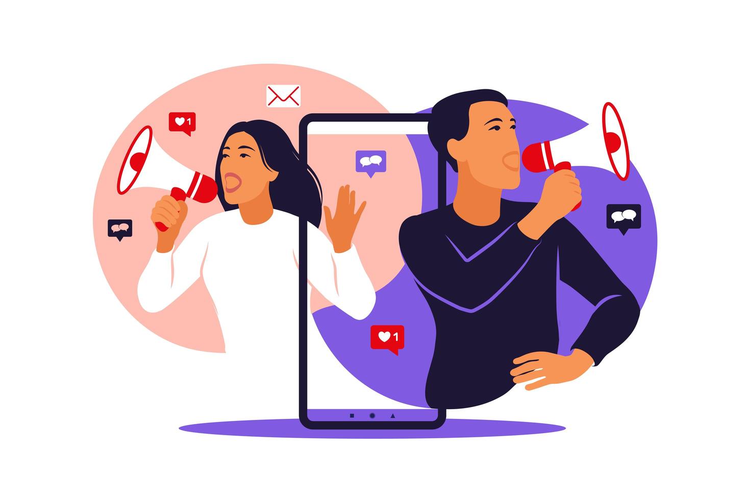 femme et homme avec mégaphone sur téléphone mobile à écran et jeunes qui l'entourent. illustration vectorielle avec des personnages - influencez les services et les produits de promotion des blogueurs pour ses abonnés en ligne. vecteur