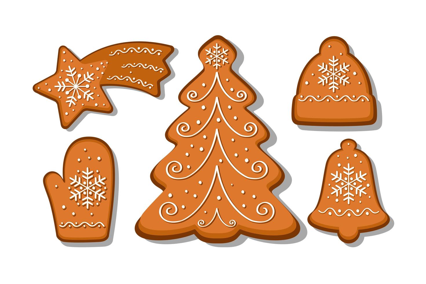 ensemble de vecteurs de biscuits au pain d'épice. arbre de noël, mitaine, cloche, casquette, étoile. collection de biscuits de vacances faits maison. boulangerie de noël. vecteur