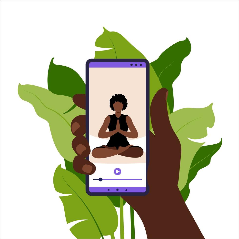 concept de yoga en ligne. femme faisant des exercices de yoga à la maison avec un instructeur en ligne africain sur téléphone mobile. bien-être et mode de vie sain à la maison. femme faisant des exercices de yoga. illustration vectorielle à plat. vecteur