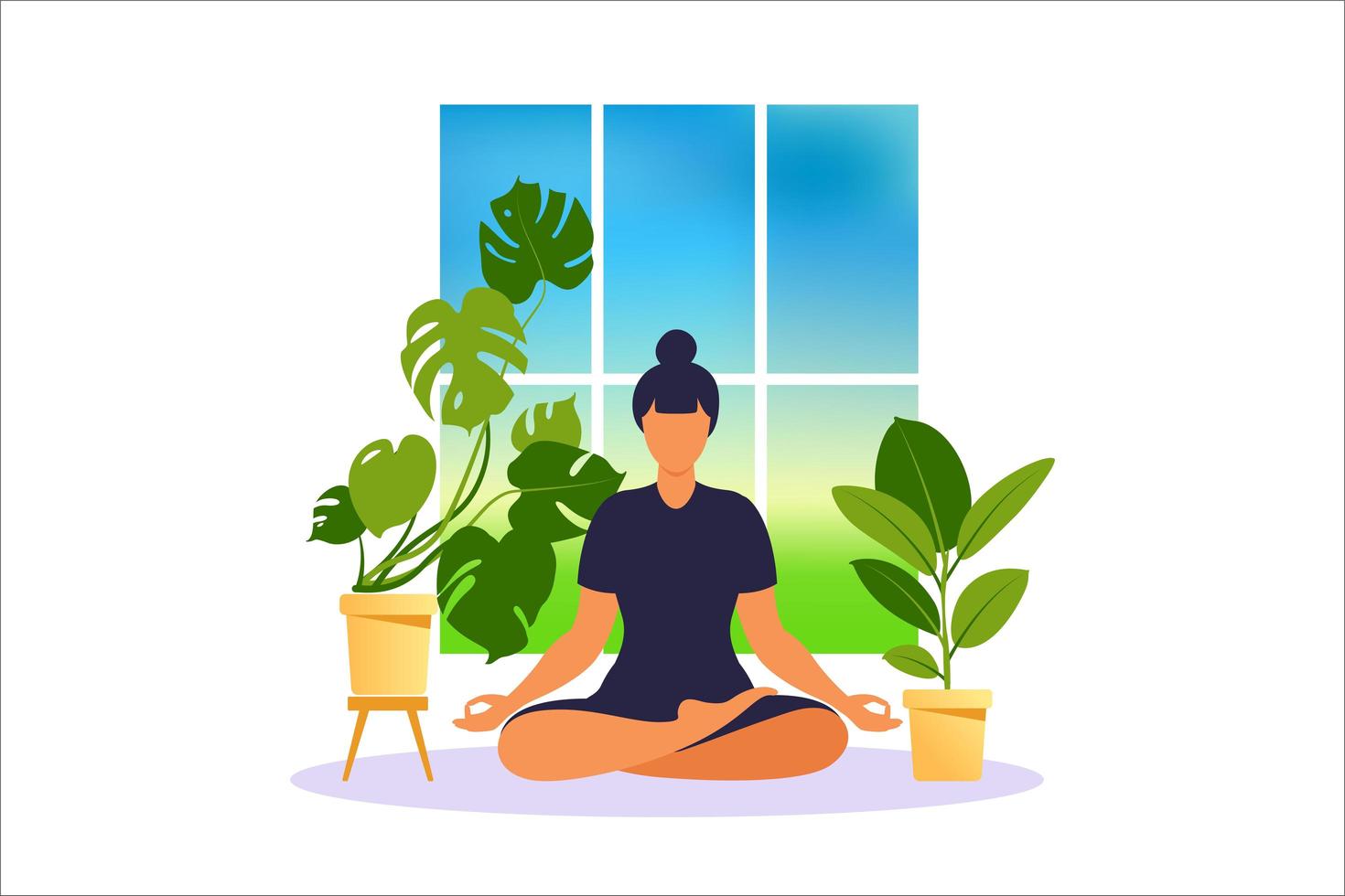 concept femme pratiquant le yoga et la méditation à la maison. la fille est assise dans la position du lotus, le processus de réflexion, la création et la recherche d'idées. gestion du temps. vecteur. vecteur